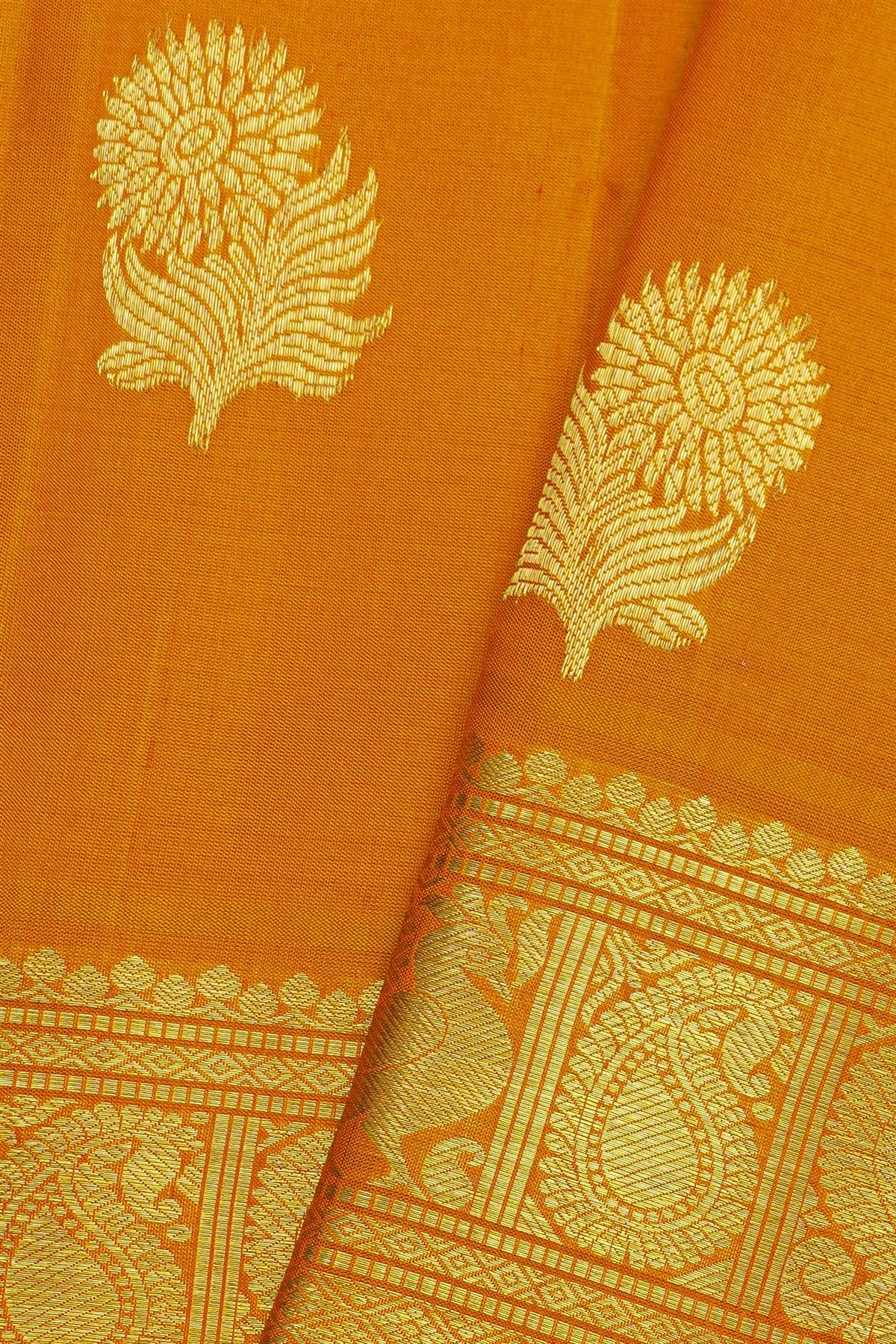Venkatagiri Silk Peach Orange Saree With Floral And Leaf Body