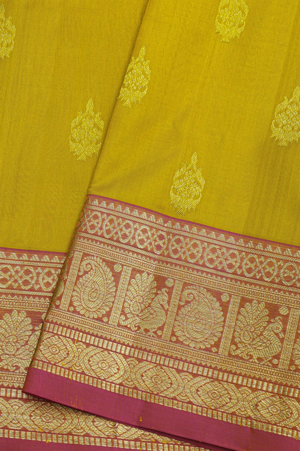 Venkatagiri Silk Mehendi Green Saree With Peacock And Floral Zari Border