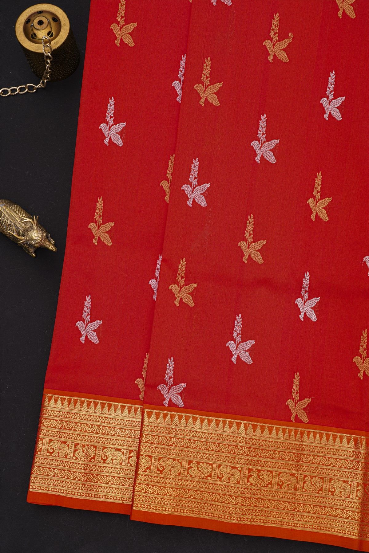 Venkatagiri Silk Red Saree With Peacocks And Elephants Border