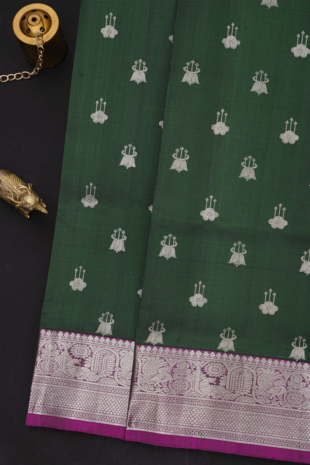 Venkatagiri Silk Bottle Green Saree With Florals And Buttis Body