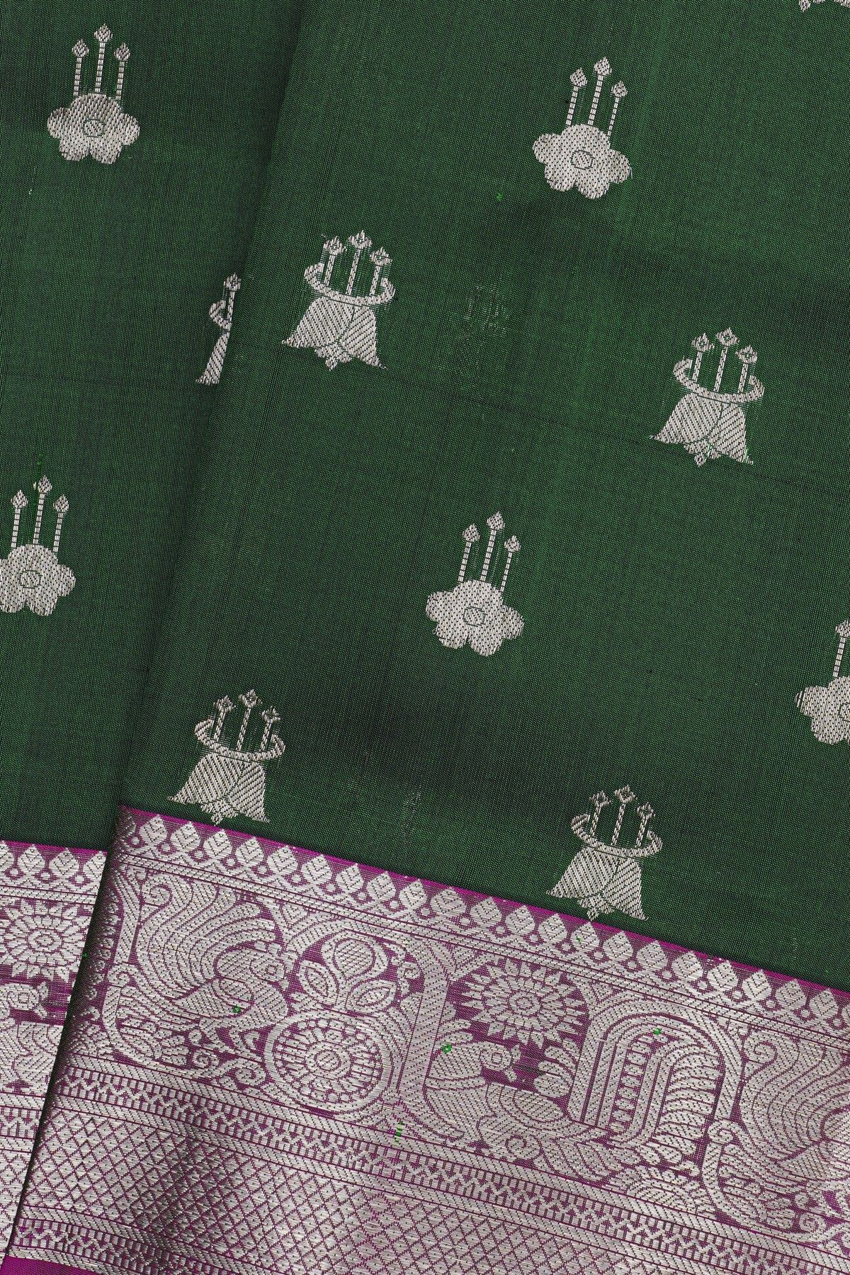 Venkatagiri Silk Bottle Green Saree With Florals And Buttis Body