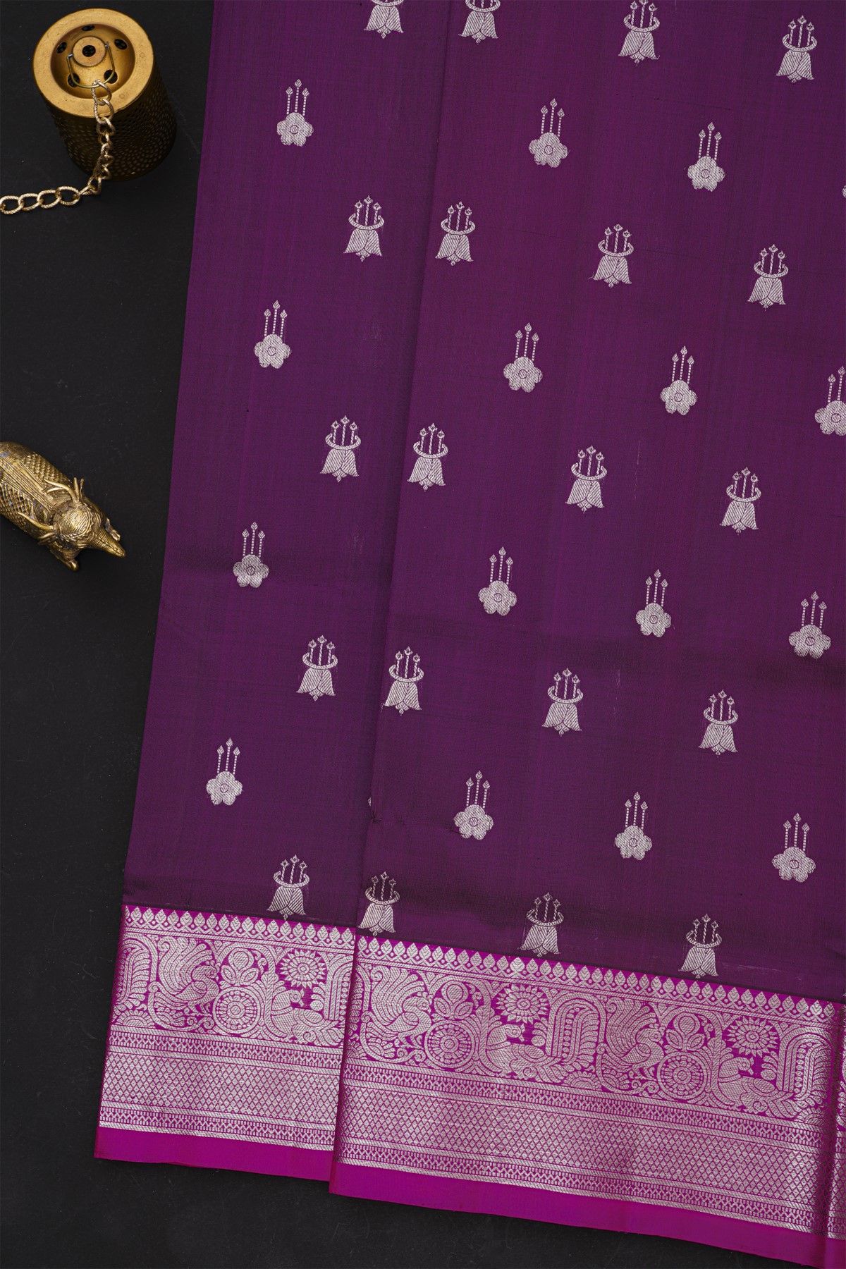 Venkatagiri Silk Purple Saree With Florals And Leaves Birds Border