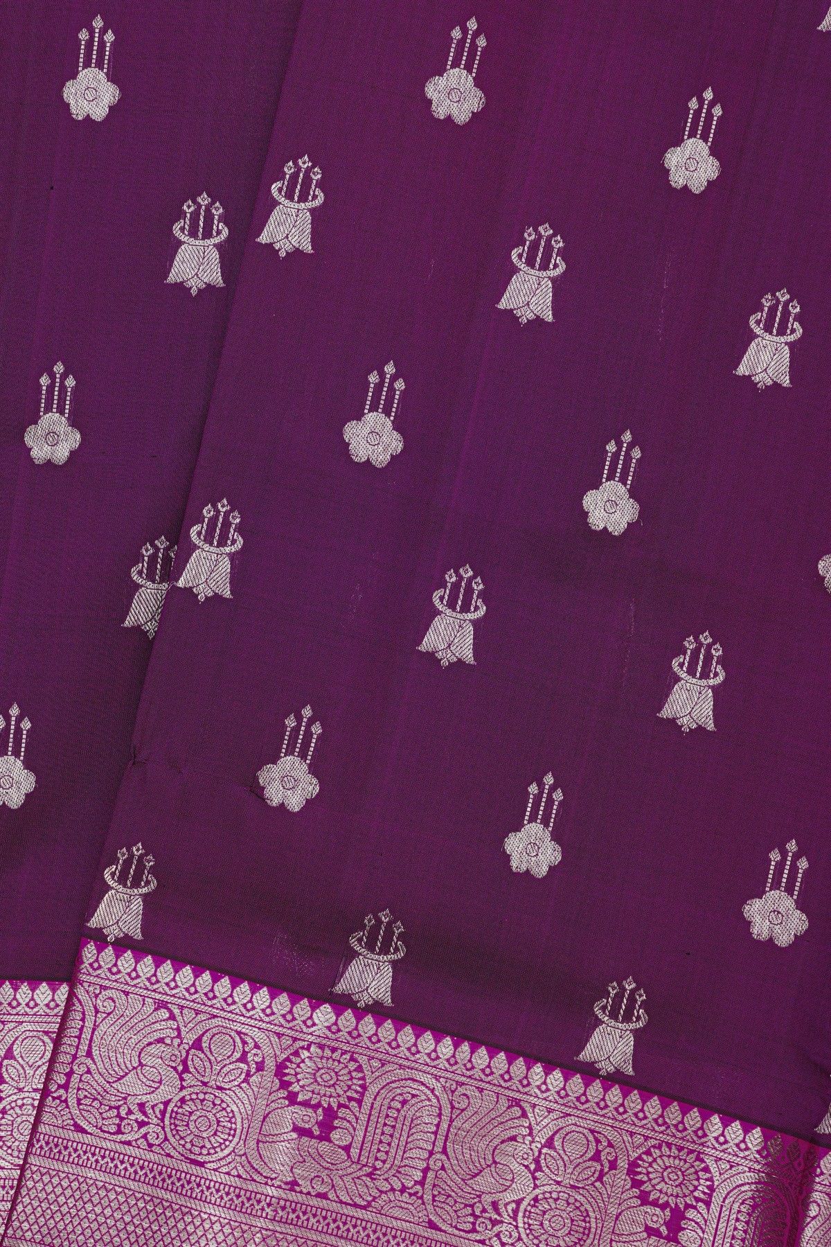Venkatagiri Silk Purple Saree With Florals And Leaves Birds Border