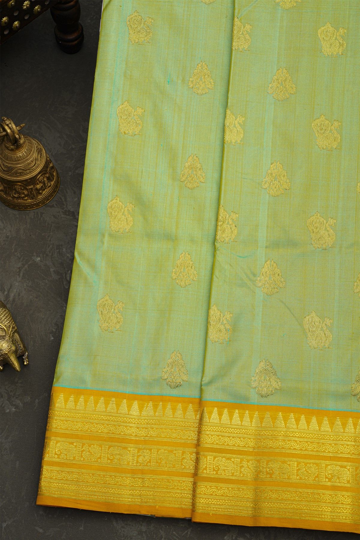 Venkatagiri Silk Pista Green Saree With Elephant And Peacock Box Motif Border