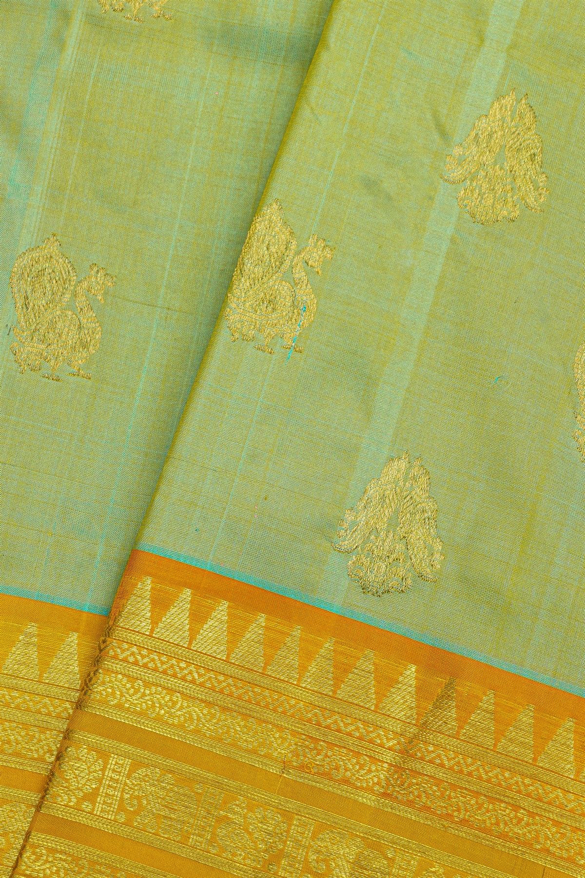 Venkatagiri Silk Pista Green Saree With Elephant And Peacock Box Motif Border
