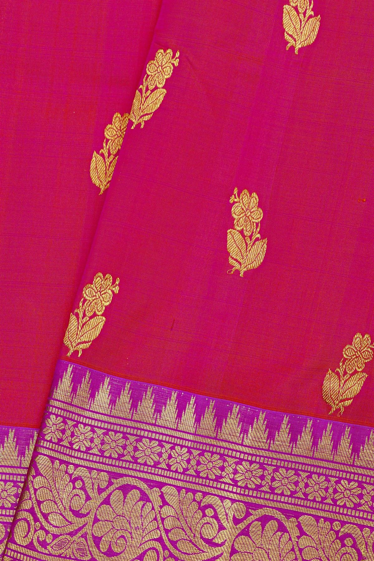 Venkatagiri Silk Rani Pink Saree With Floral And Leaf Jaal Border
