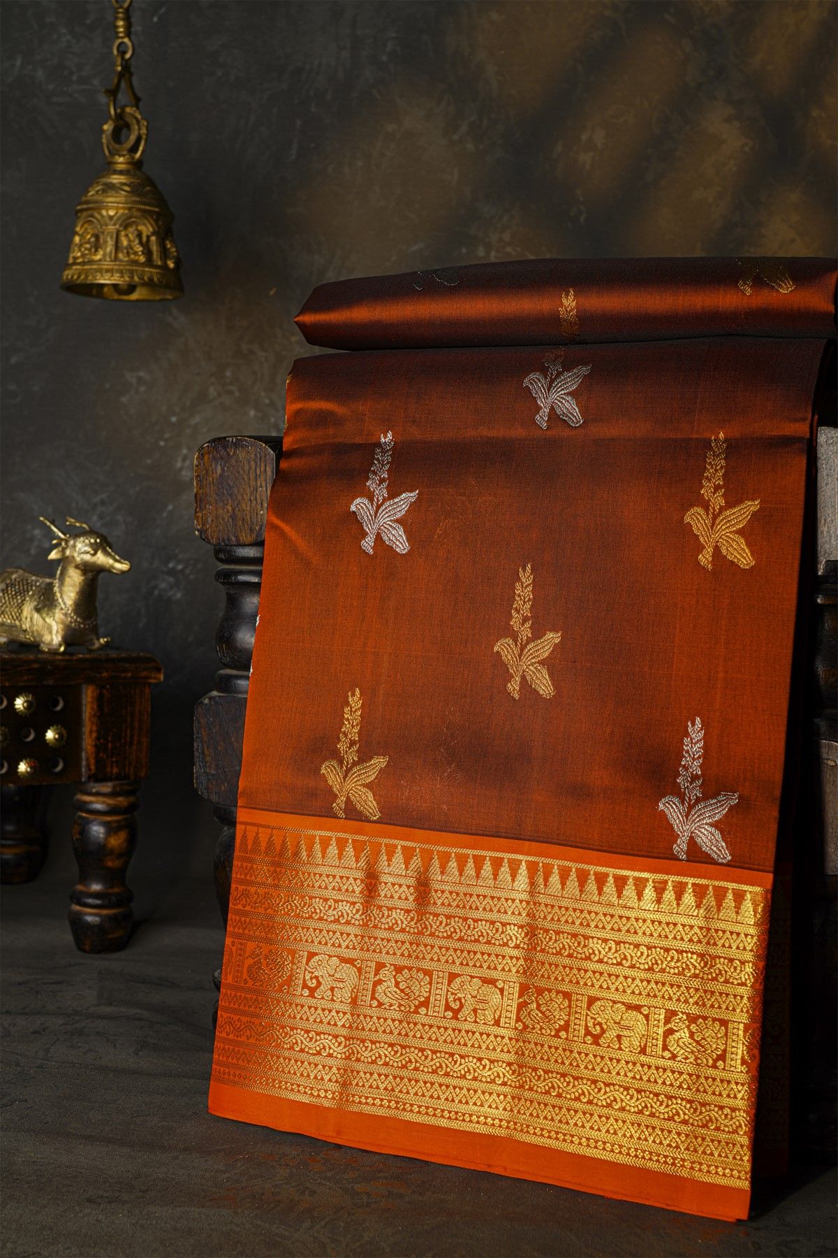 Venkatagiri Silk Brick Brown Saree With Florals And Buttis Body