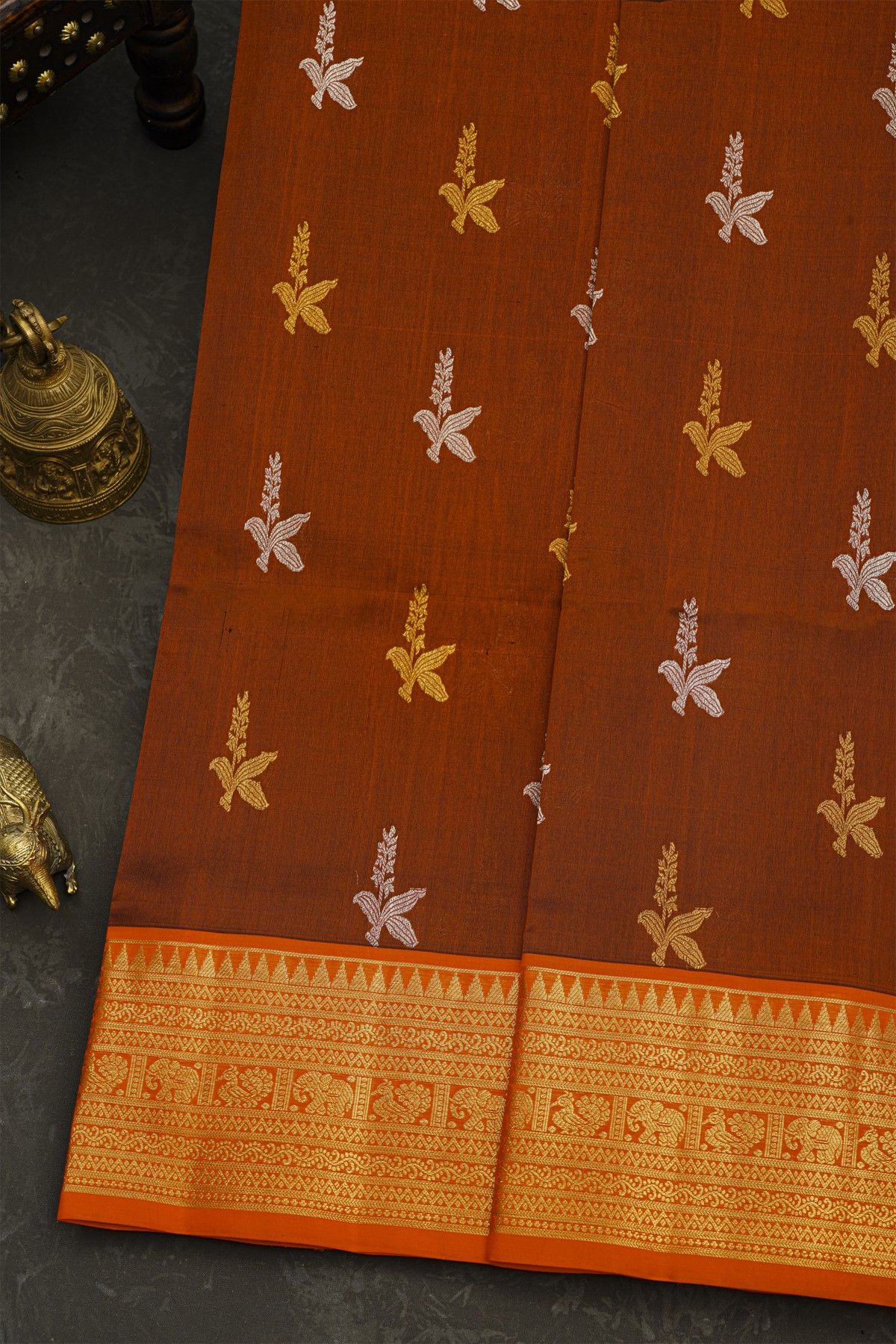 Venkatagiri Silk Brick Brown Saree With Florals And Buttis Body