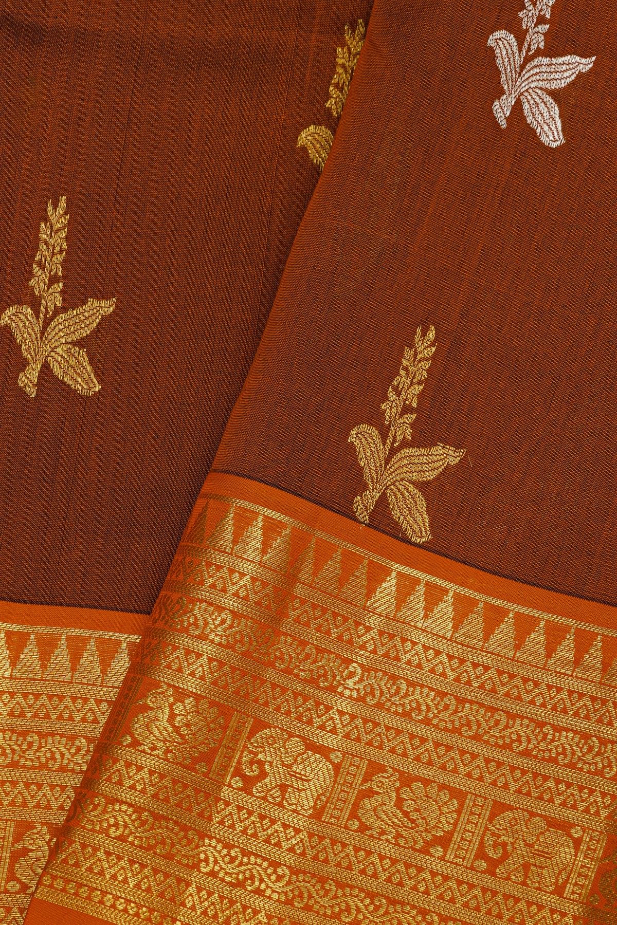Venkatagiri Silk Brick Brown Saree With Florals And Buttis Body