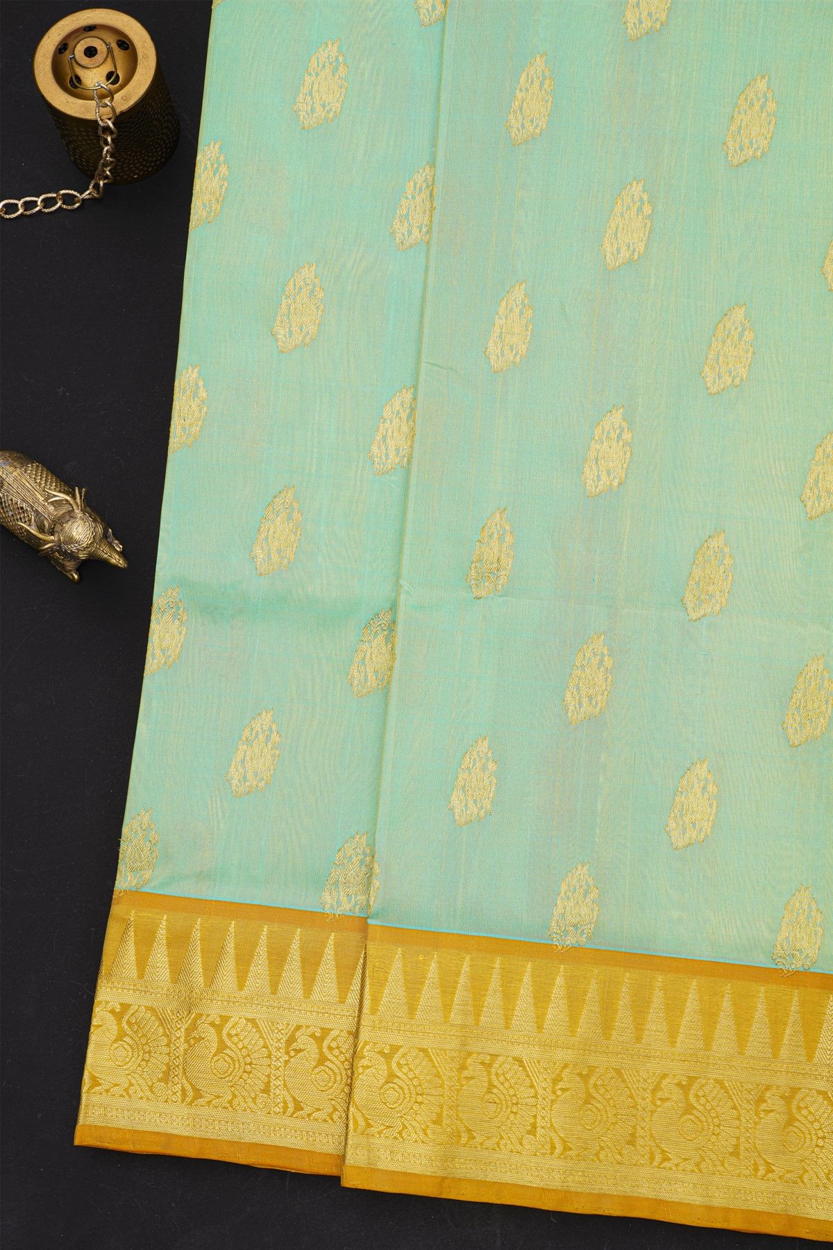 Venkatagiri Silk Mint Green Saree With Peacocks And Temple Motifs Border