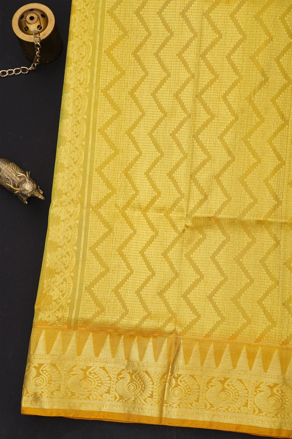 Venkatagiri Silk Mint Green Saree With Peacocks And Temple Motifs Border