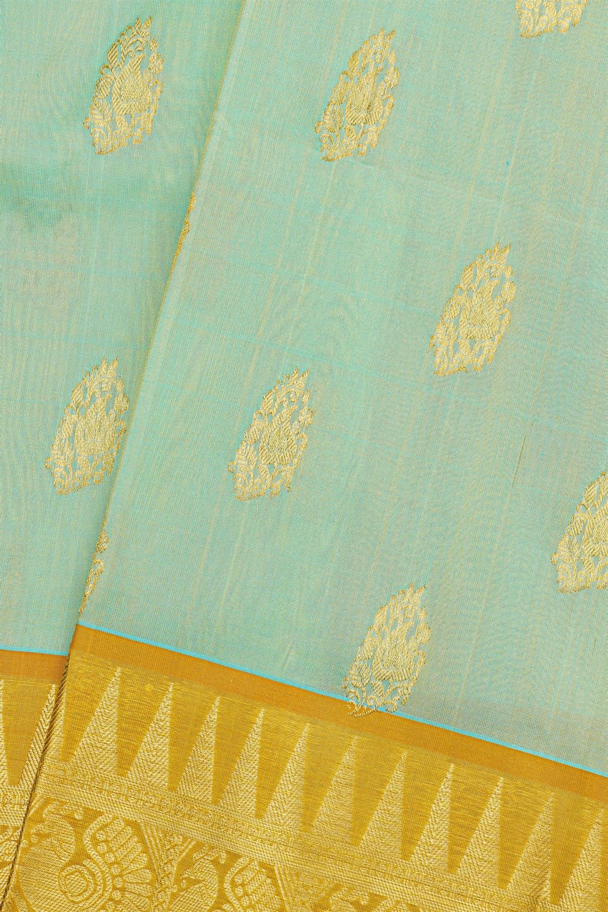 Venkatagiri Silk Mint Green Saree With Peacocks And Temple Motifs Border