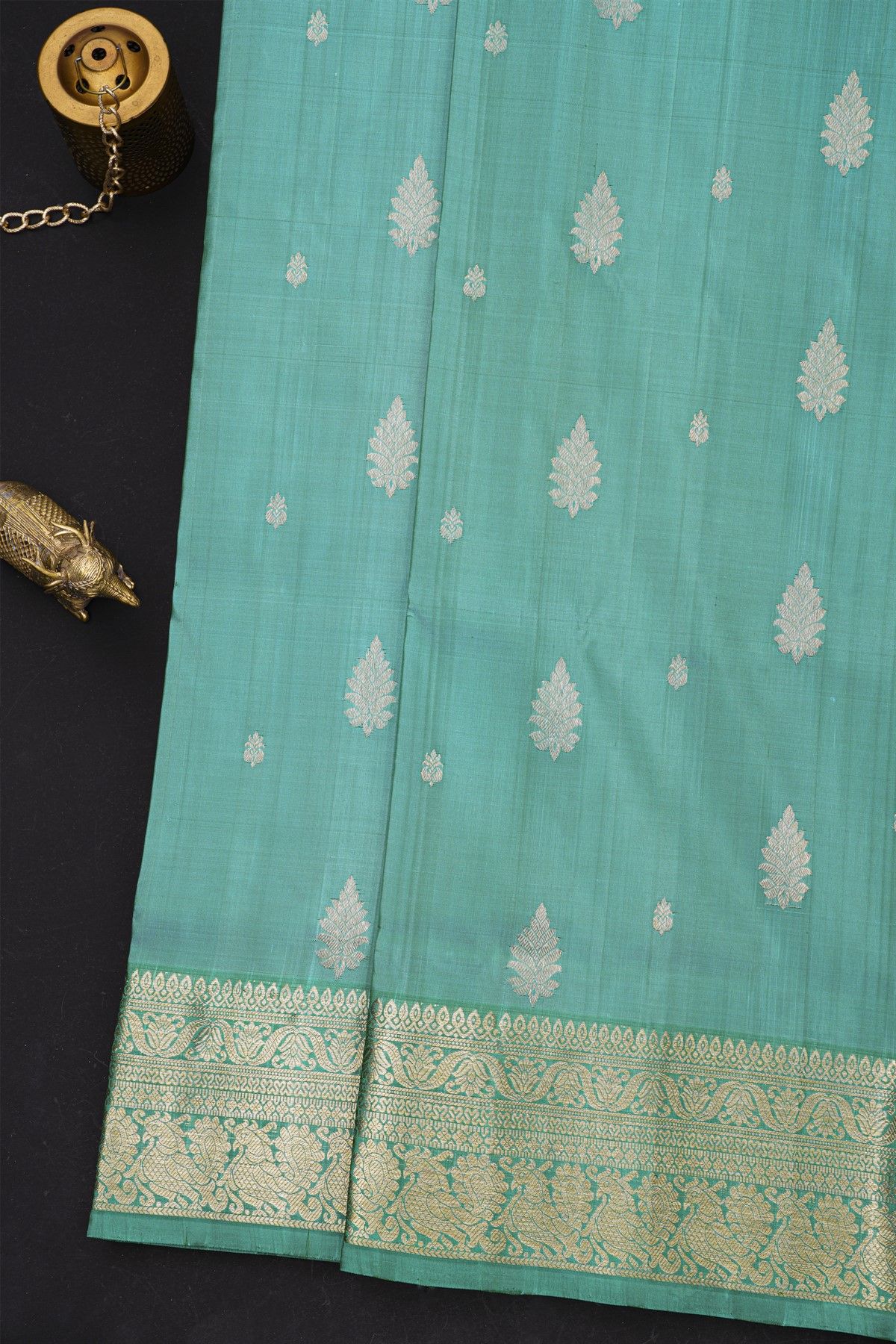 Venkatagiri Silk Teal Green Saree With Florals And Leaves Jaal Birds Border