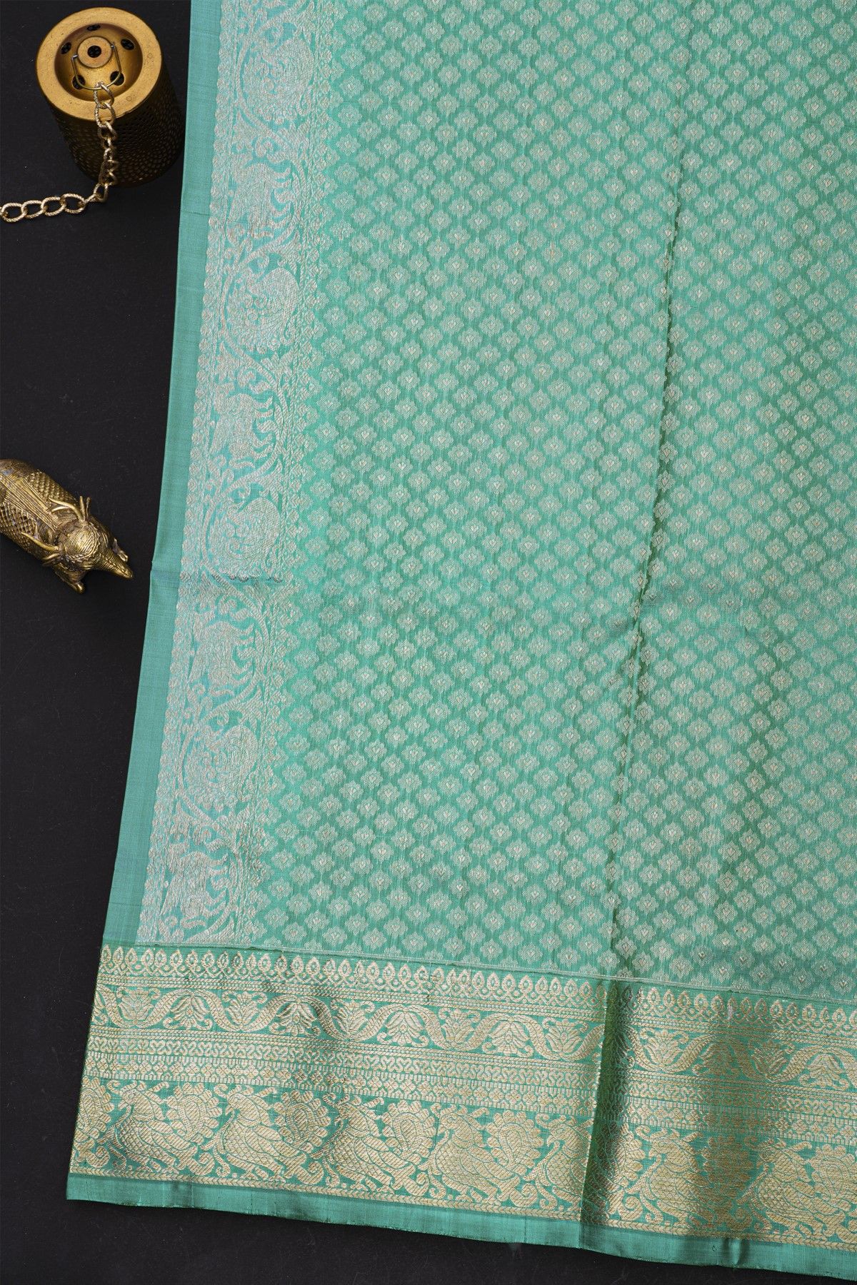 Venkatagiri Silk Teal Green Saree With Florals And Leaves Jaal Birds Border