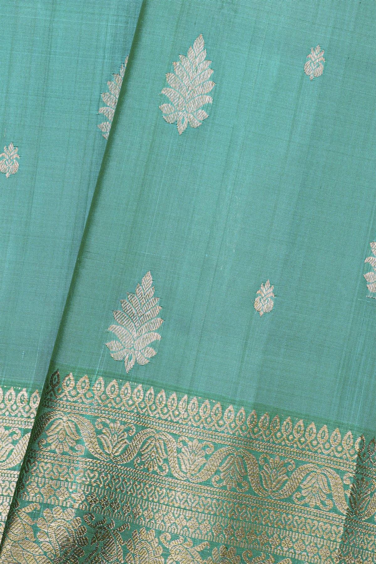 Venkatagiri Silk Teal Green Saree With Florals And Leaves Jaal Birds Border