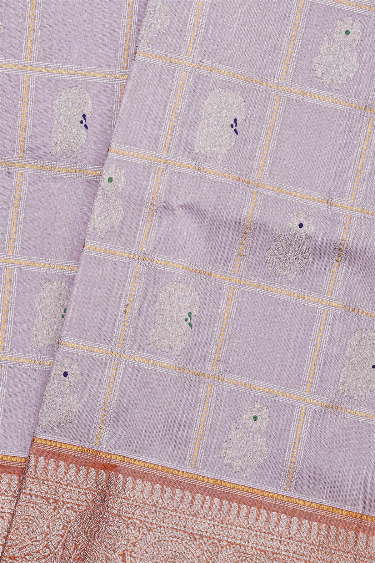 Venkatagiri Silk Lavender Saree With Florals And Leaves Jaal Birds Border