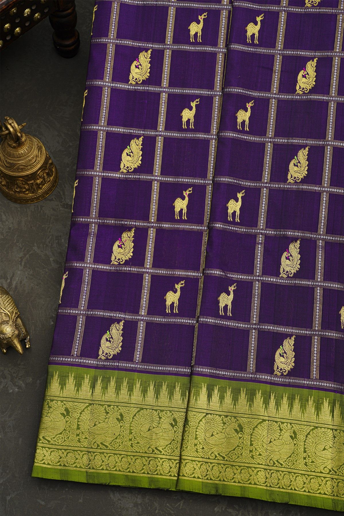 Venkatagiri Silk Violet Saree With Peacock And Leaf Jaal Border