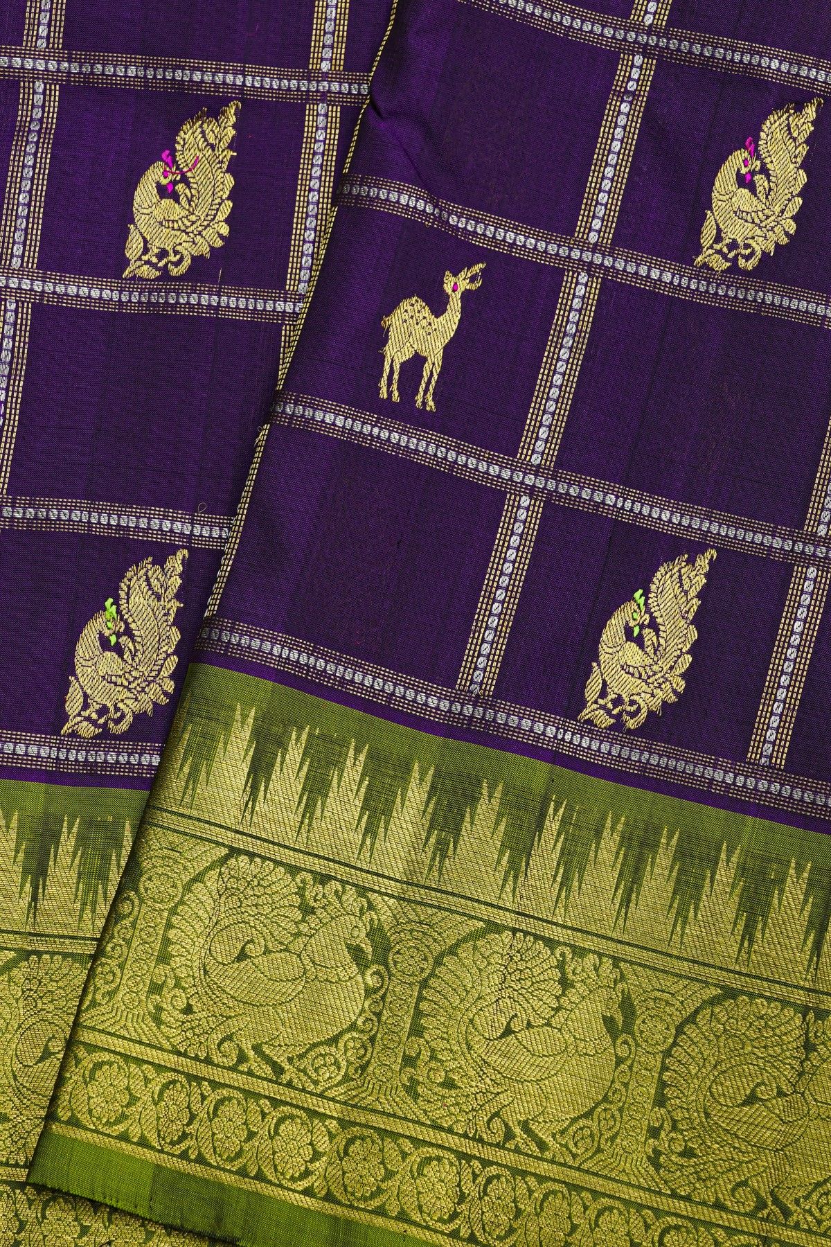 Venkatagiri Silk Violet Saree With Peacock And Leaf Jaal Border