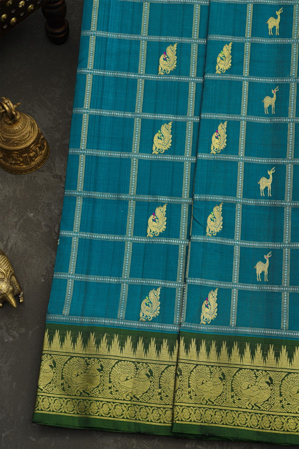 Venkatagiri Silk Peacock Blue Saree With Animal And Bird Body