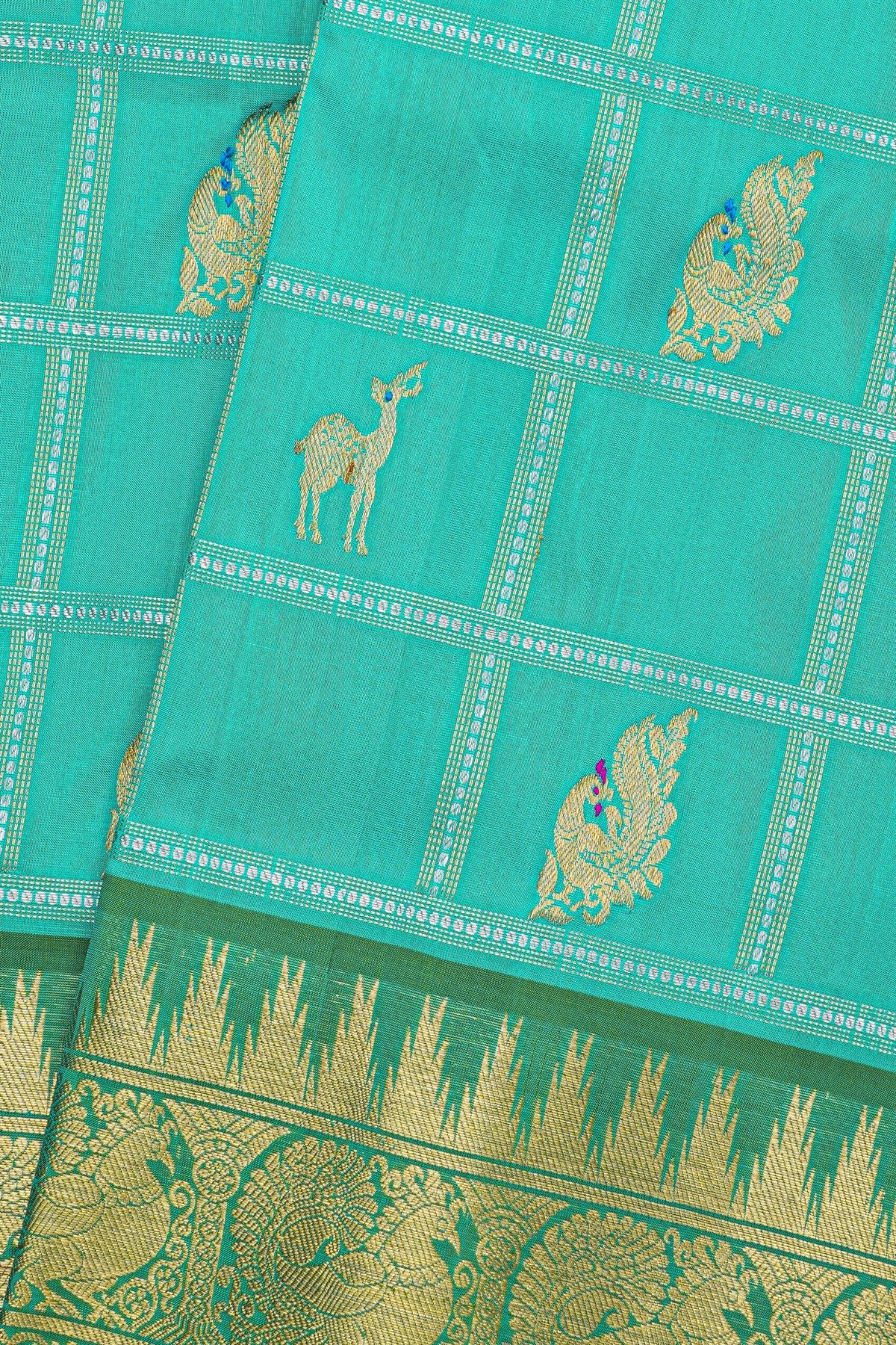 Venkatagiri Silk Turquoise Blue Saree With Floral And Leaf Jaal Temple Border