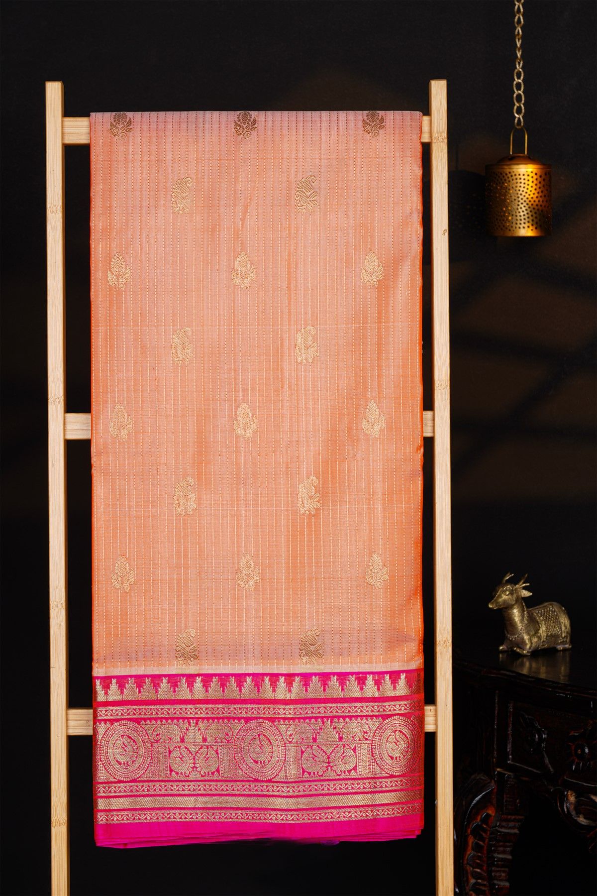 Venkatagiri Silk Peach Orange Saree With Zari Lines And Floral Buttis Body