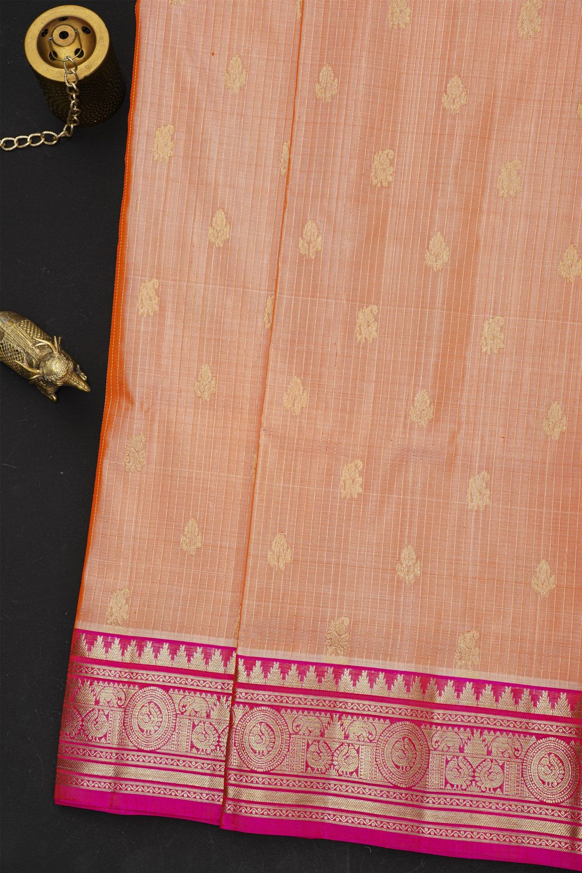 Venkatagiri Silk Peach Orange Saree With Zari Lines And Floral Buttis Body