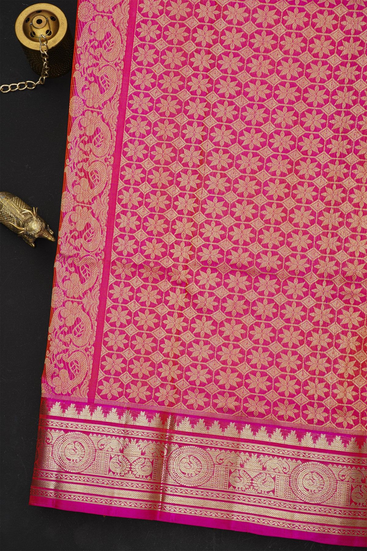 Venkatagiri Silk Peach Orange Saree With Zari Lines And Floral Buttis Body