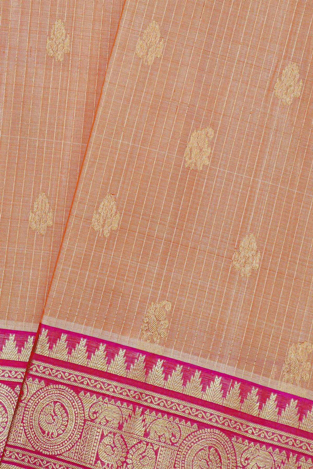 Venkatagiri Silk Peach Orange Saree With Zari Lines And Floral Buttis Body