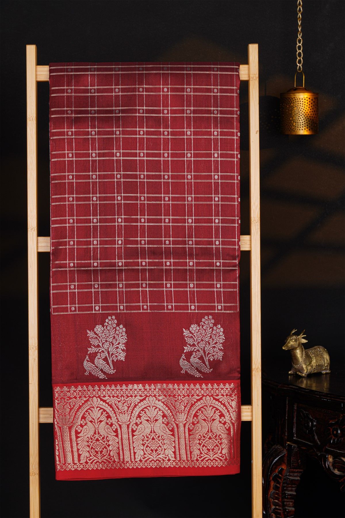 Venkatagiri Silk Maroon Saree With Floral And Peacock Temple Border