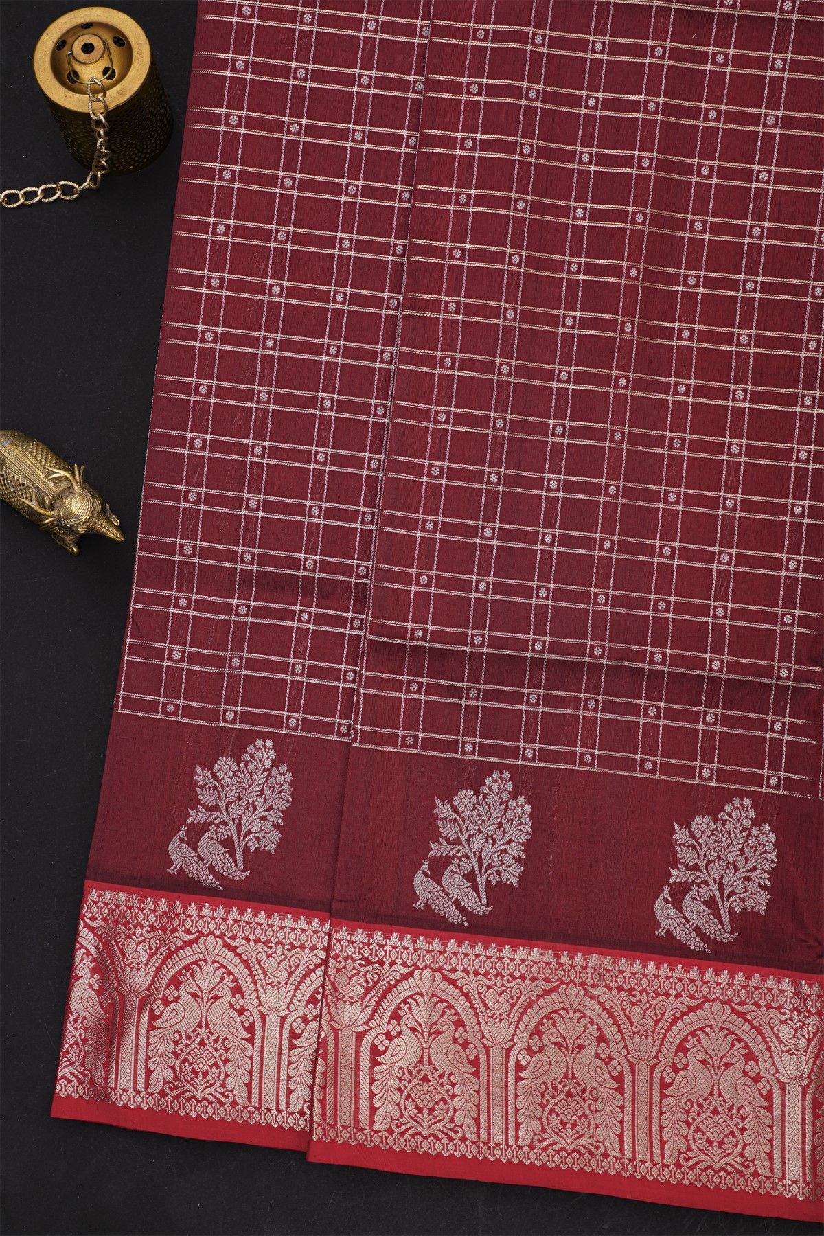 Venkatagiri Silk Maroon Saree With Floral And Peacock Temple Border