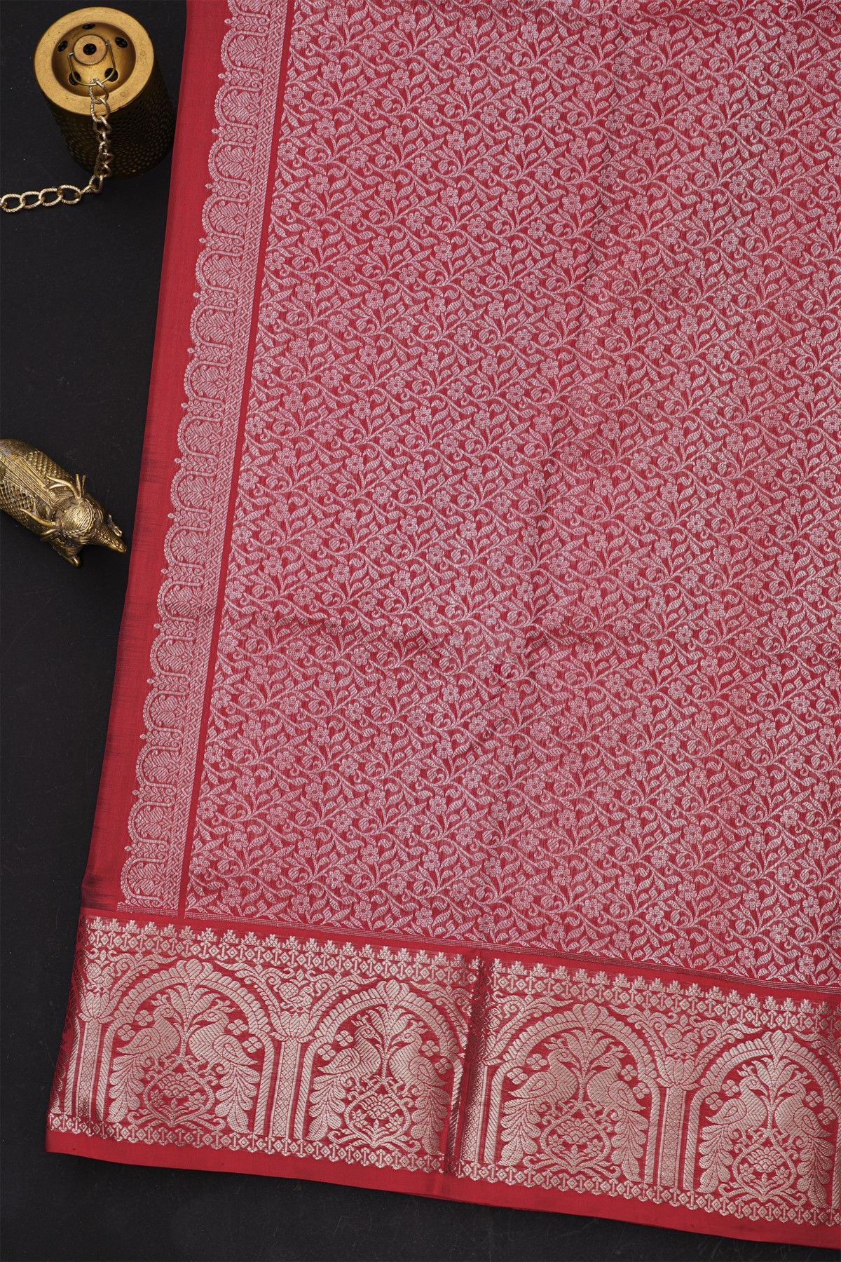 Venkatagiri Silk Maroon Saree With Floral And Peacock Temple Border