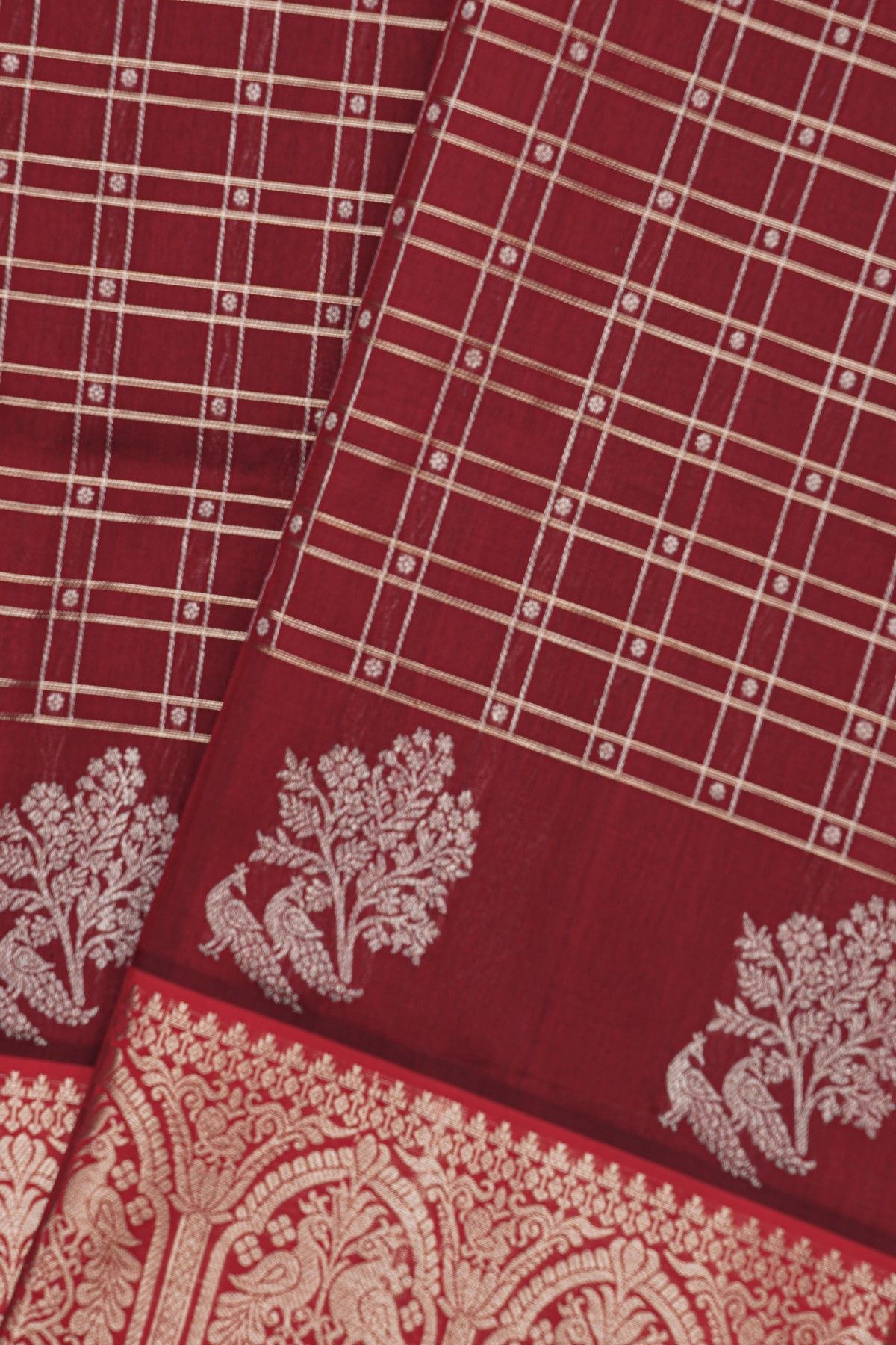 Venkatagiri Silk Maroon Saree With Floral And Peacock Temple Border