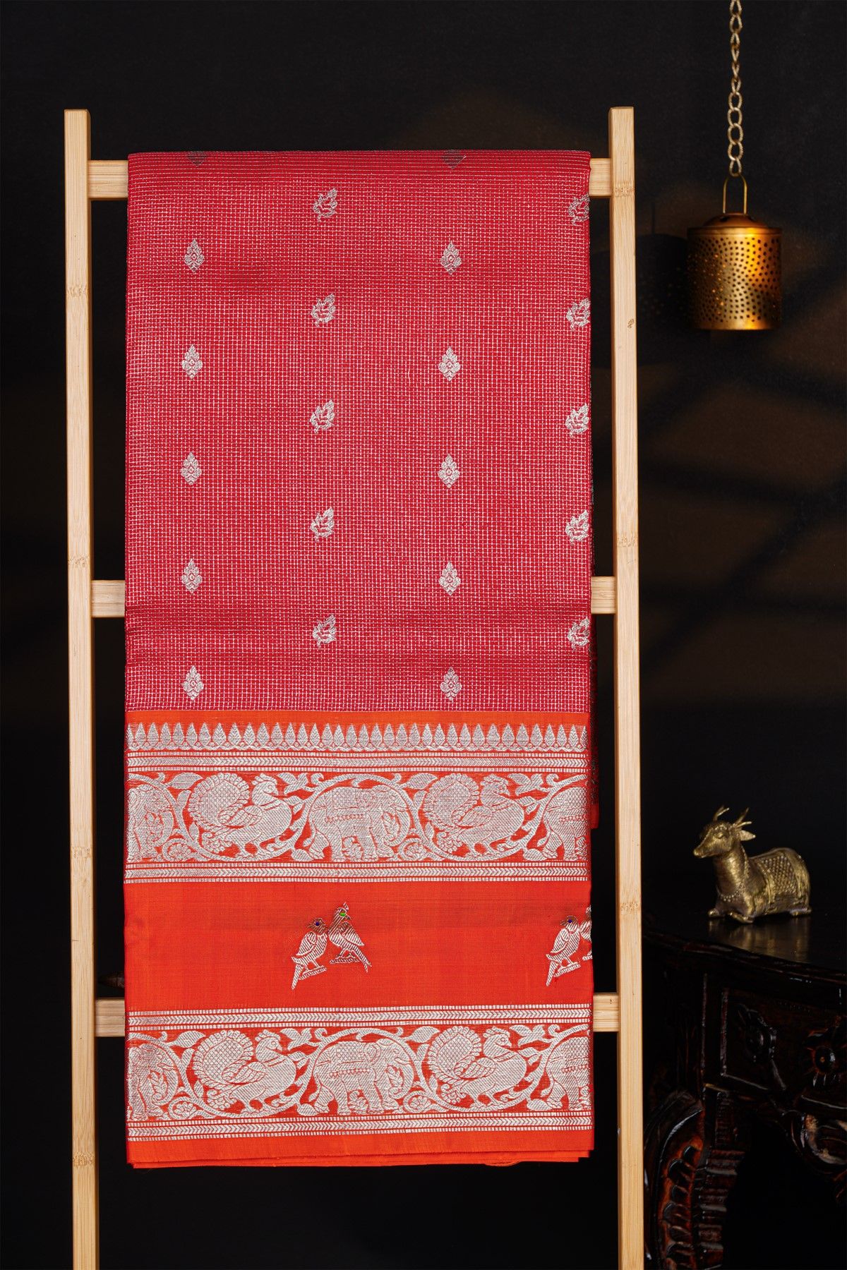 Venkatagiri Silk Red Saree With Zari Checks And Floral Buttis Body