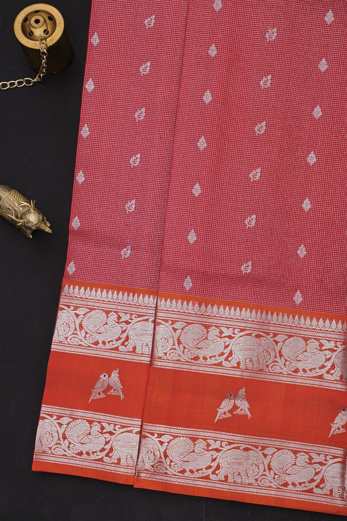 Venkatagiri Silk Red Saree With Zari Checks And Floral Buttis Body