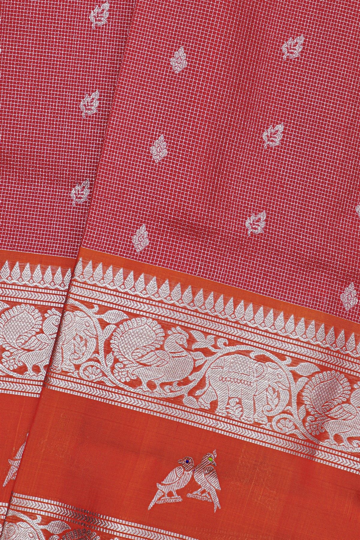 Venkatagiri Silk Red Saree With Zari Checks And Floral Buttis Body