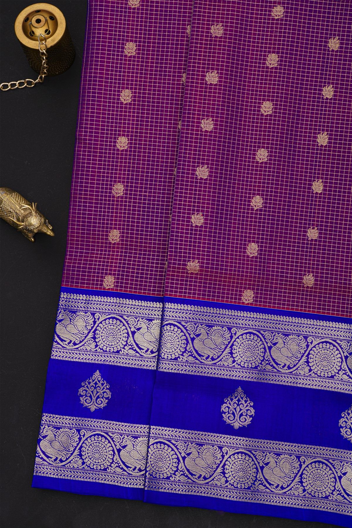 Venkatagiri Silk Purple Saree With Checks Floral And Buttis Body