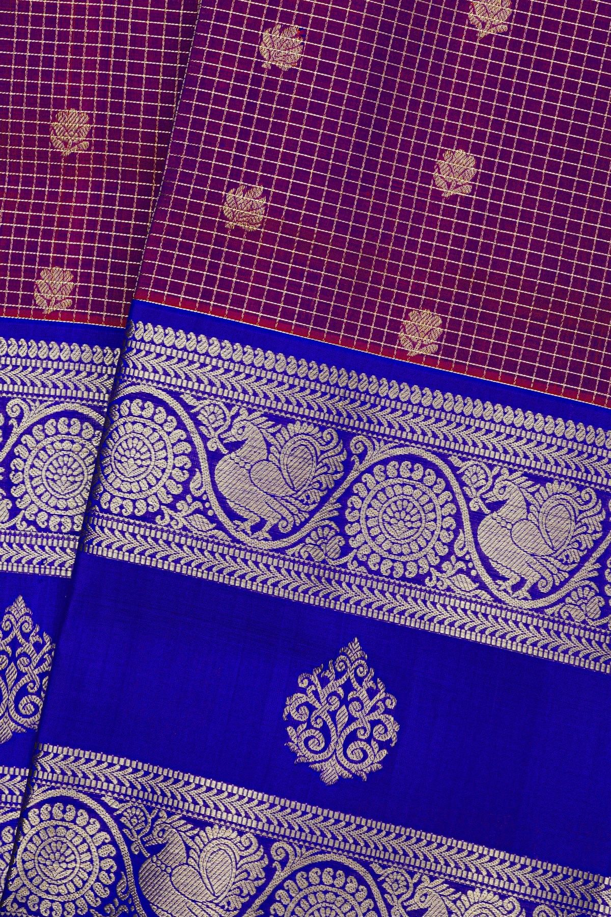 Venkatagiri Silk Purple Saree With Checks Floral And Buttis Body