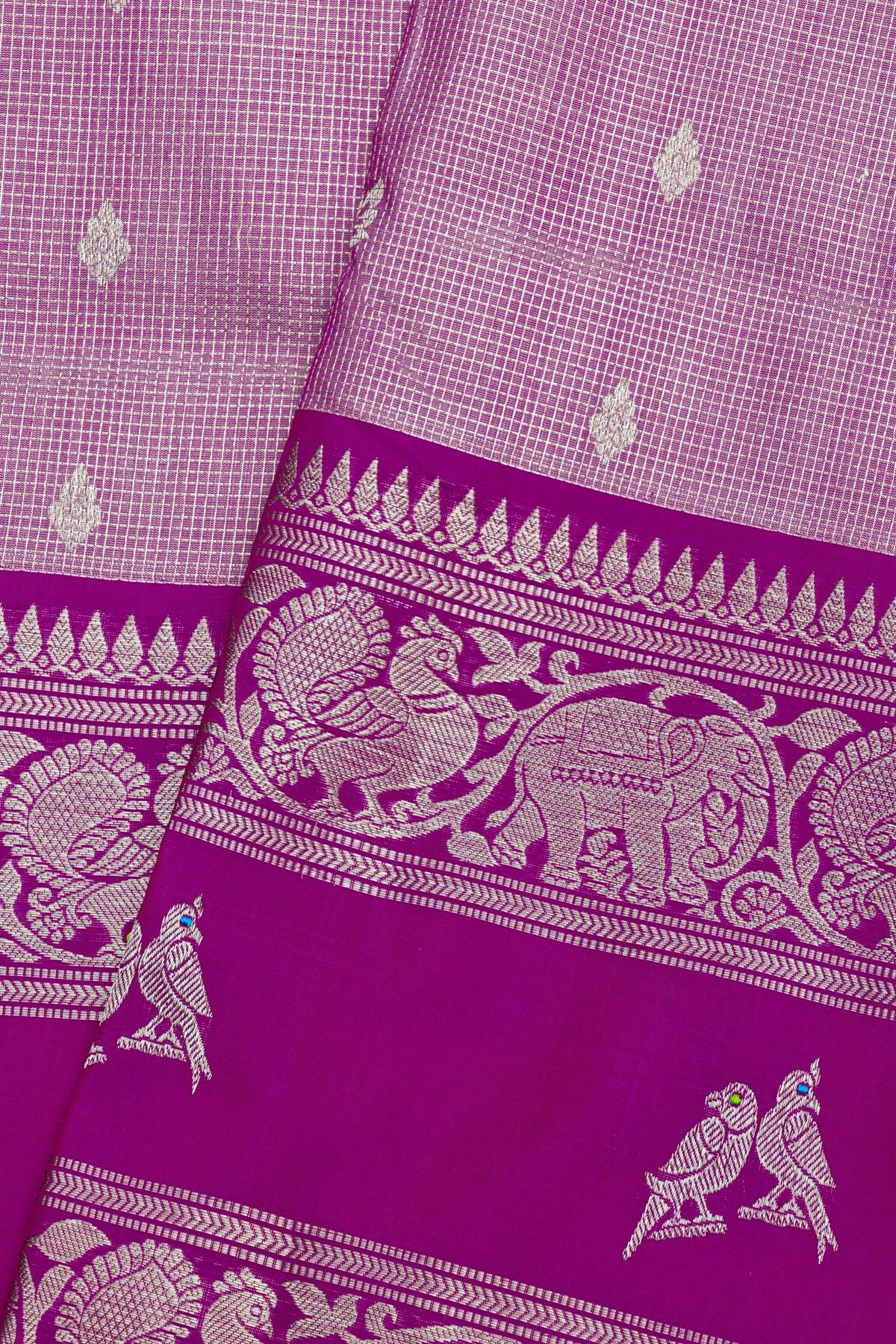 Venkatagiri Silk Light Purple Saree With Elephants And Peacocks Buttis In Gap Border