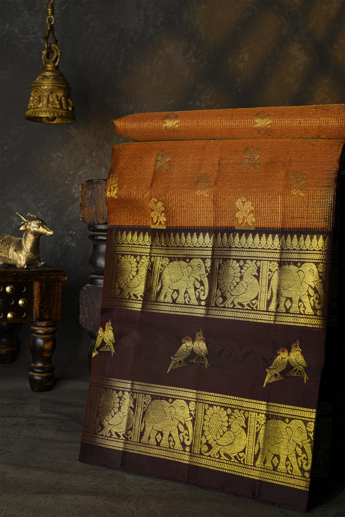 Venkatagiri Silk Rust Brown Saree With Floral And Leaf Buttis In Thread Work Body