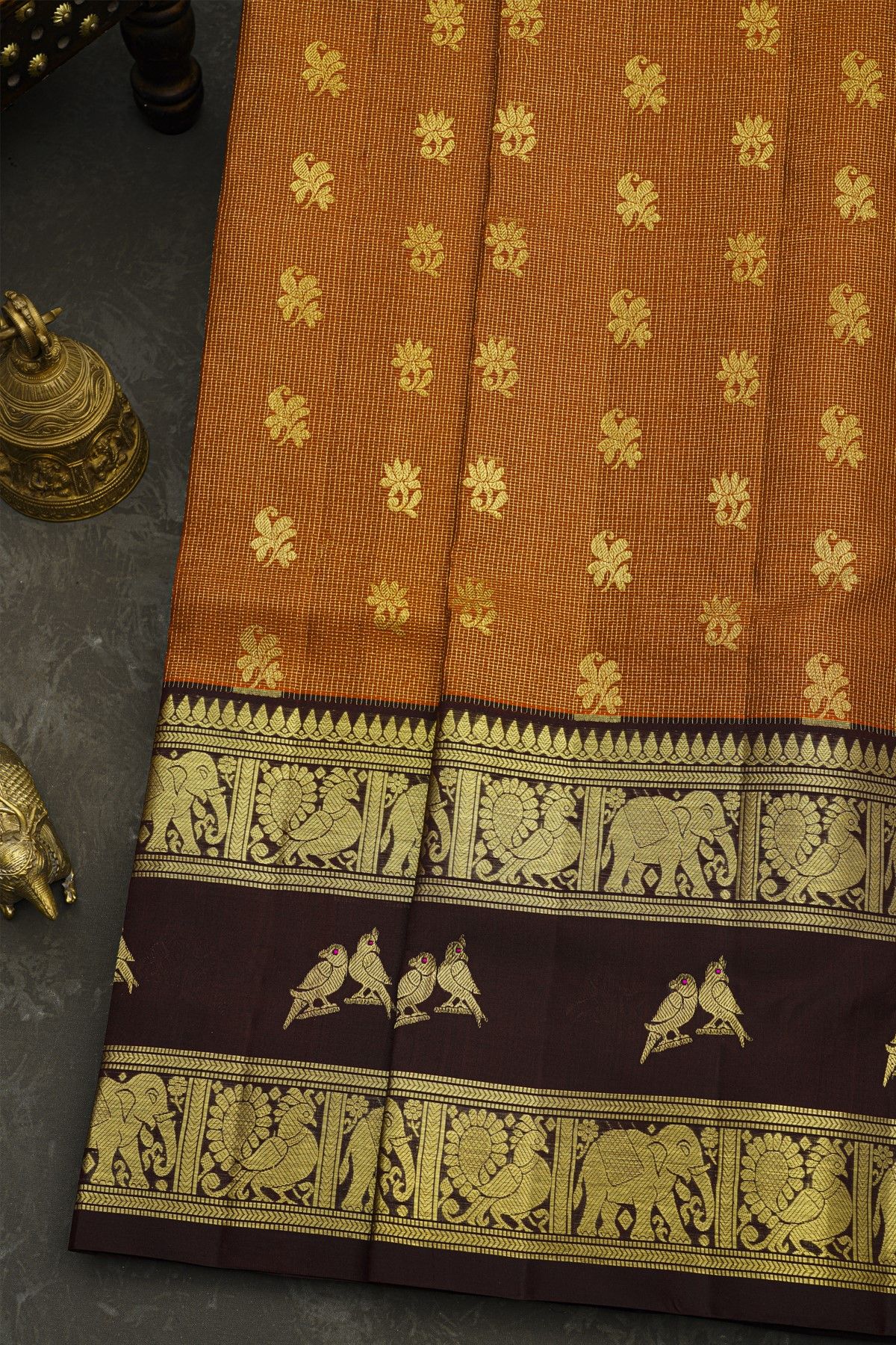 Venkatagiri Silk Rust Brown Saree With Floral And Leaf Buttis In Thread Work Body