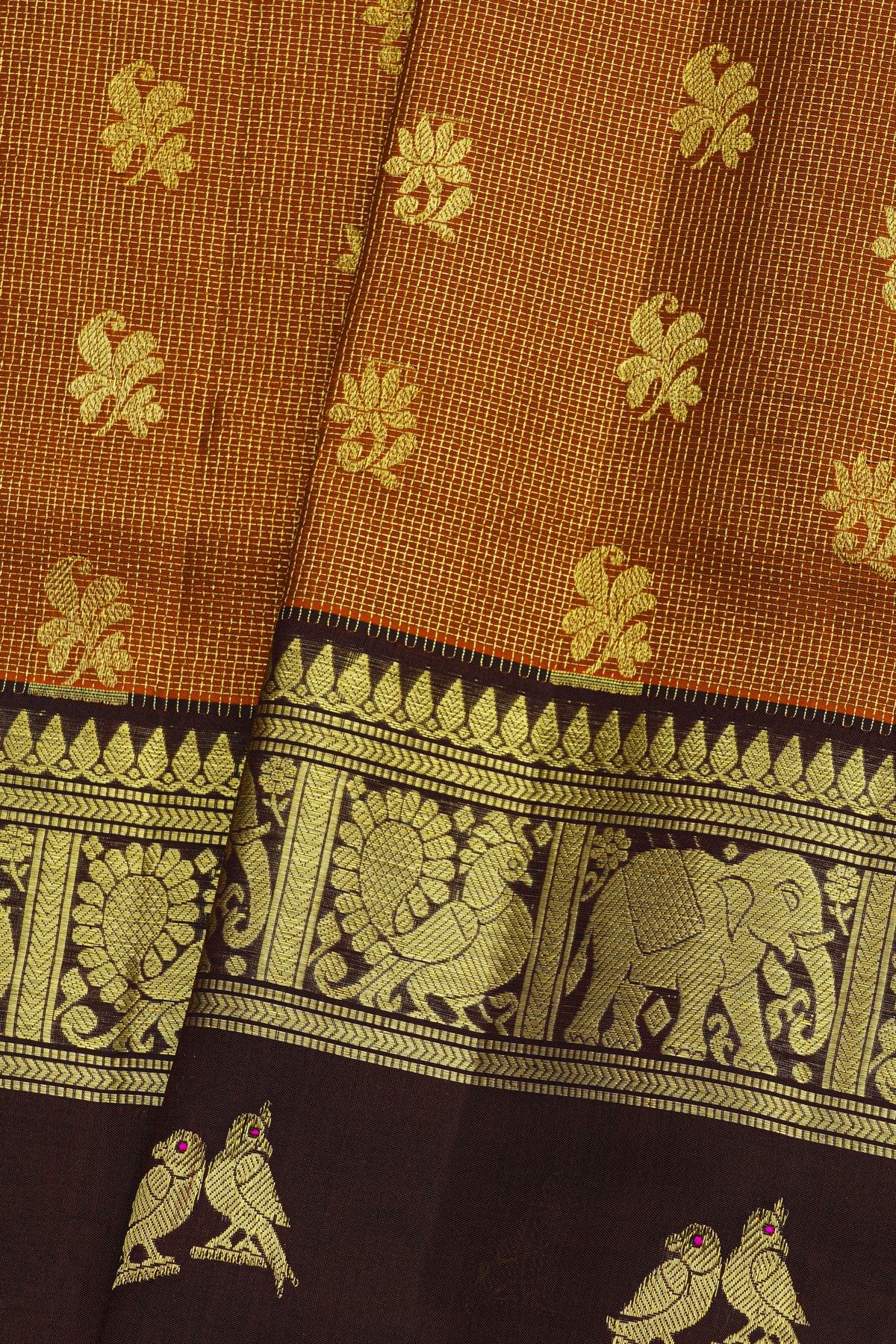 Venkatagiri Silk Rust Brown Saree With Floral And Leaf Buttis In Thread Work Body