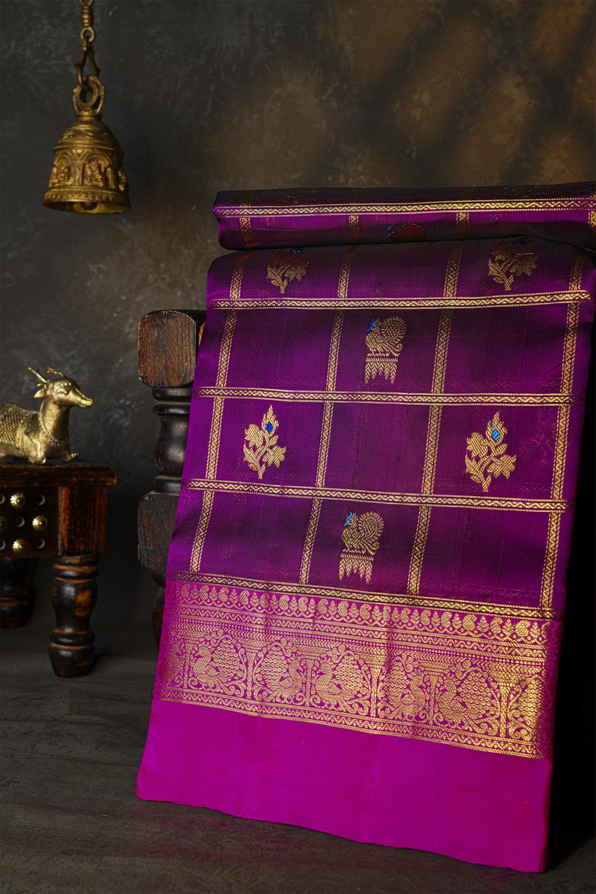 Venkatagiri Silk Purple Saree With Floral And Peacock Buttis In Thread Work Body
