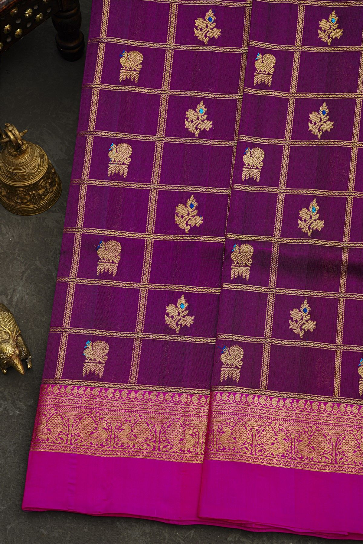 Venkatagiri Silk Purple Saree With Floral And Peacock Buttis In Thread Work Body