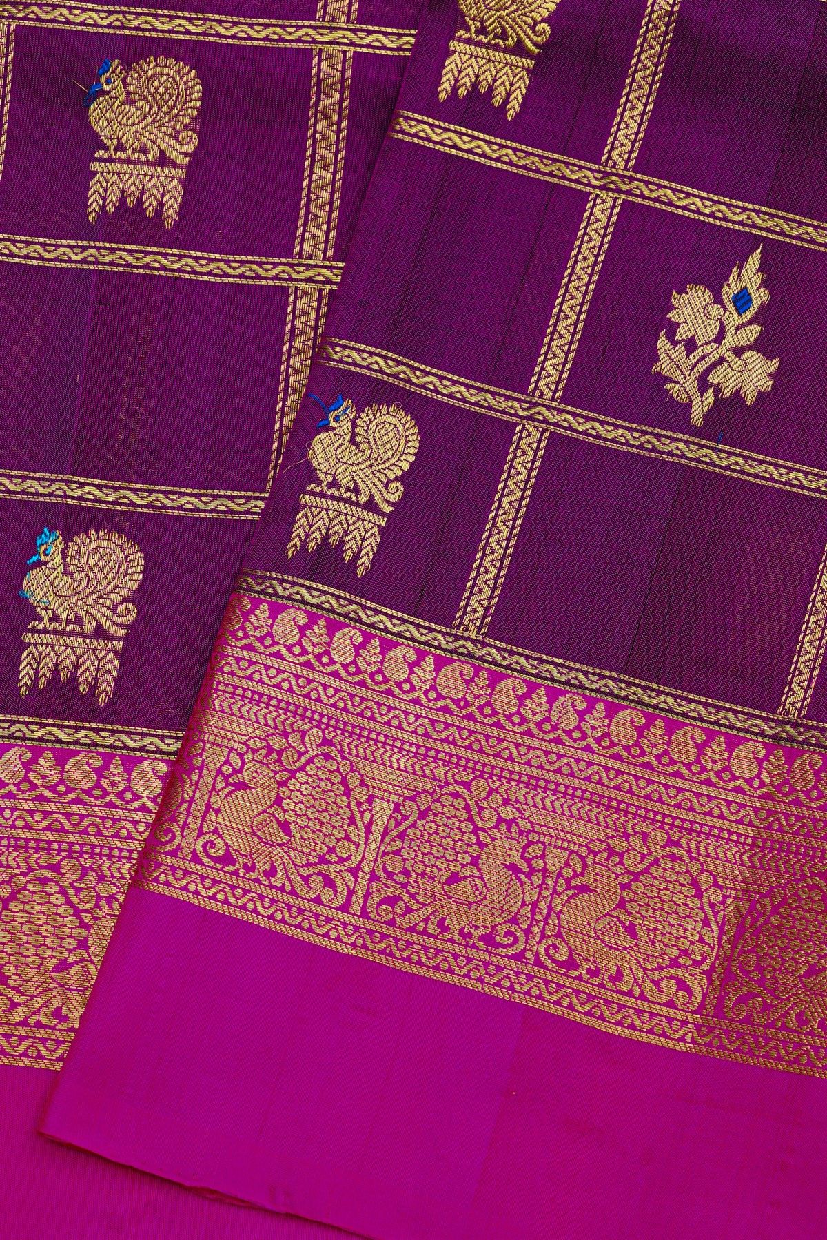 Venkatagiri Silk Purple Saree With Floral And Peacock Buttis In Thread Work Body