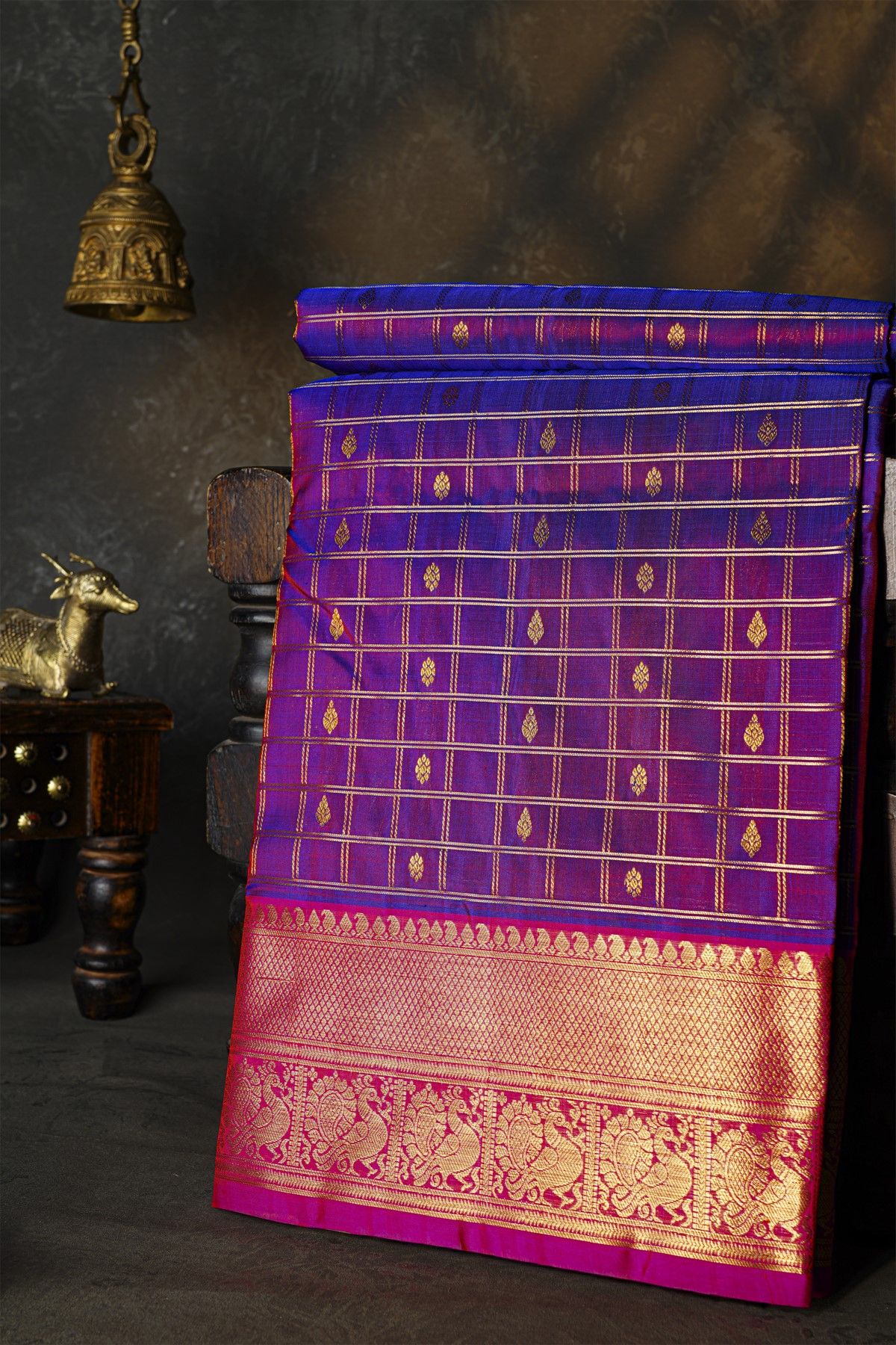 Venkatagiri Silk Purple Saree With Zari Checks And Floral Buttis Body