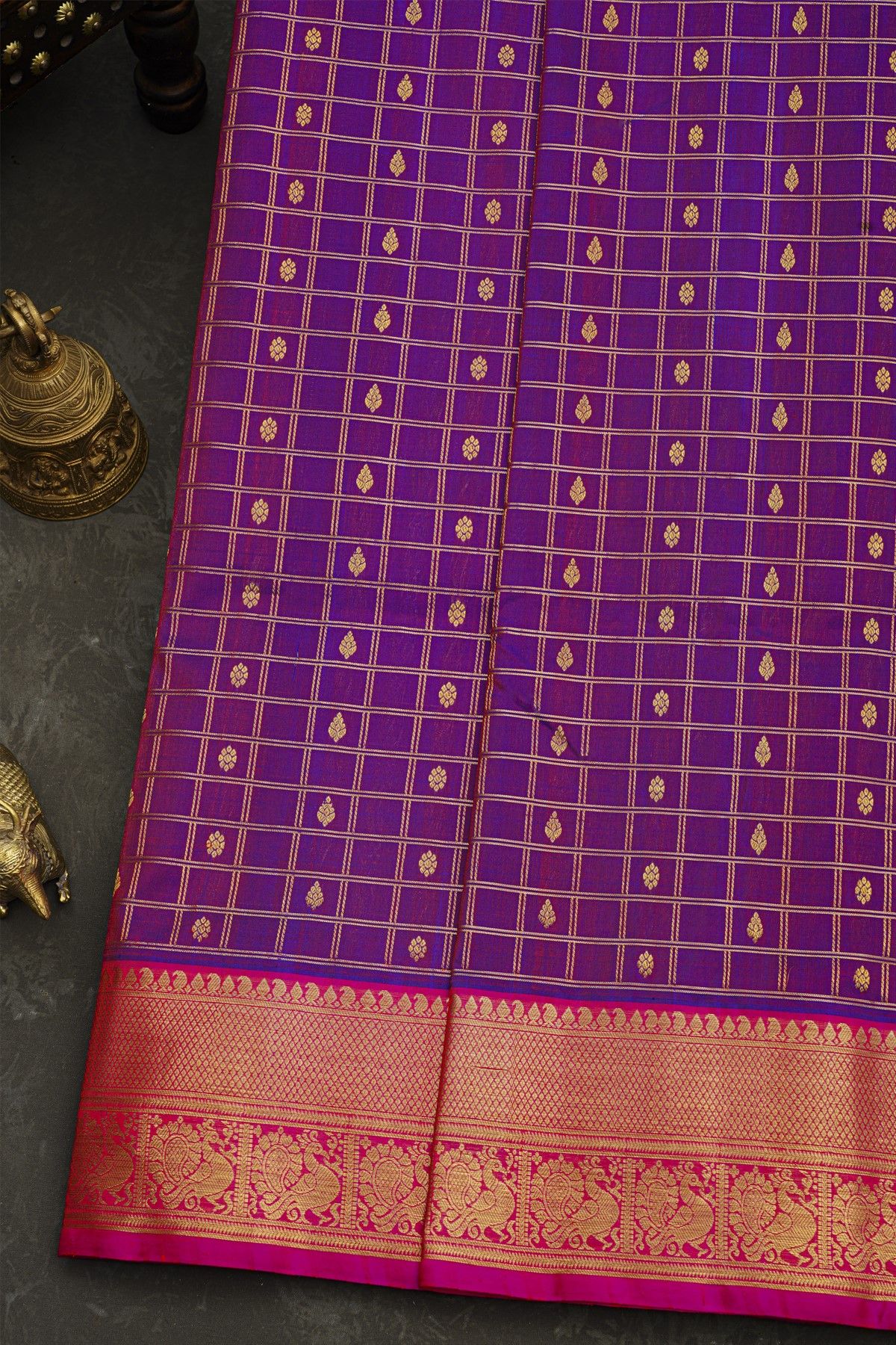 Venkatagiri Silk Purple Saree With Zari Checks And Floral Buttis Body