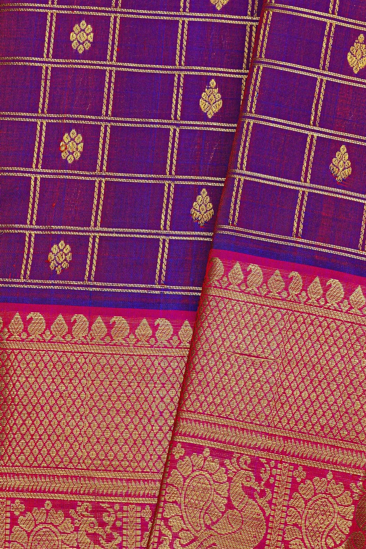 Venkatagiri Silk Purple Saree With Zari Checks And Floral Buttis Body