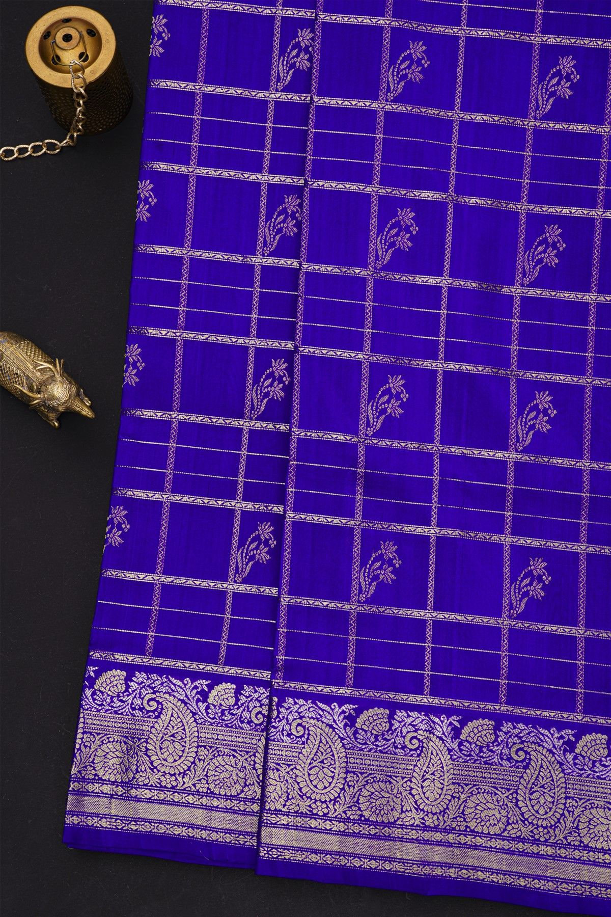 Venkatagiri Silk Royal Blue Saree With Zari Checks And Floral Buttis Body