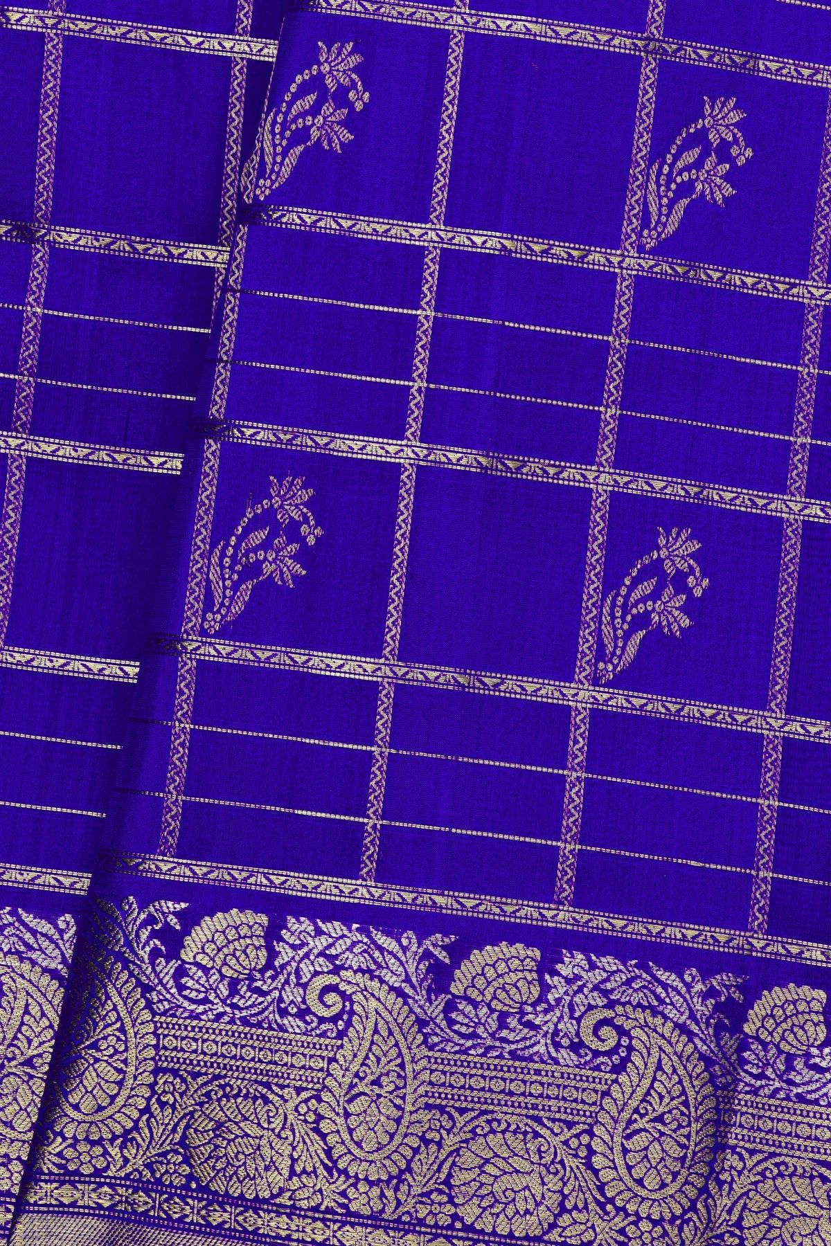 Venkatagiri Silk Royal Blue Saree With Zari Checks And Floral Buttis Body