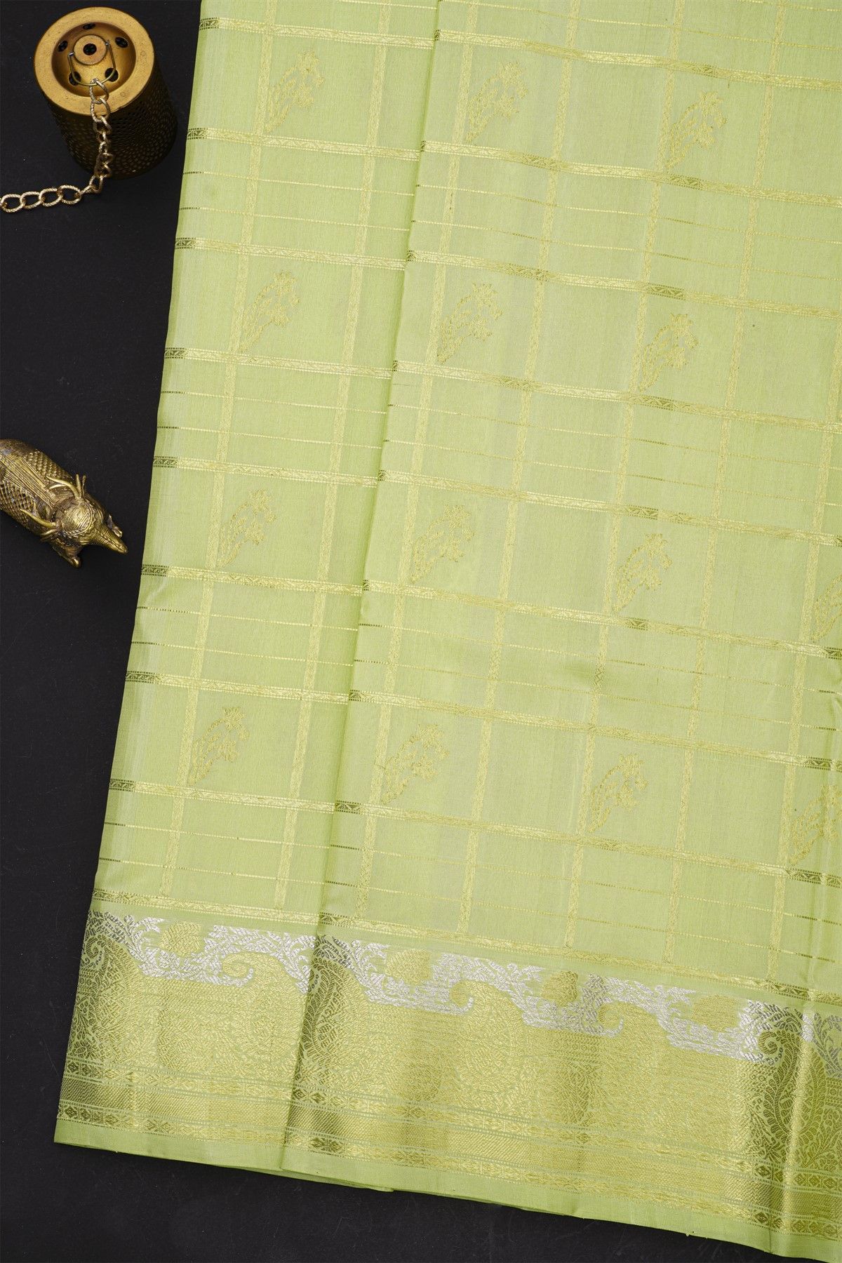 Venkatagiri Silk Pista Green Saree With Checks Floral And Buttis Body